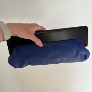 MELANIE LYNE Blue Clutch Bag Faux Leather Dark Wood Top Handle Closure Event